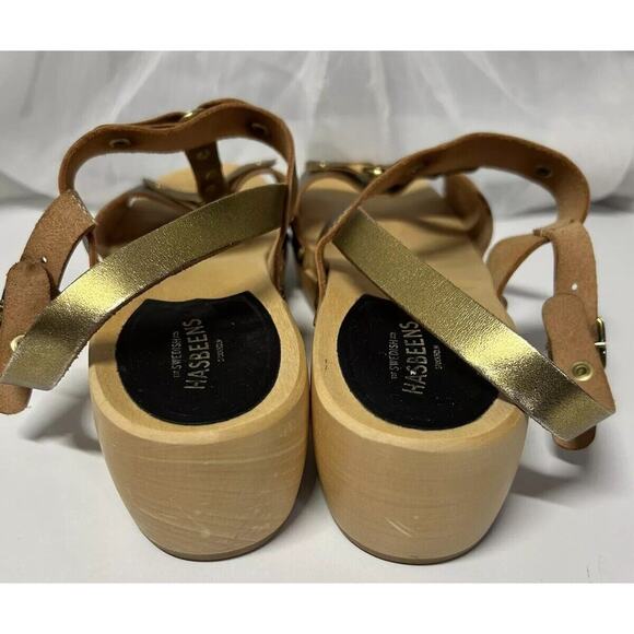 Swedish Hasbeens Rivet Sandal Wedges Leather On Trend Gold EU 39 US Size 8.5 - Picture 9 of 10